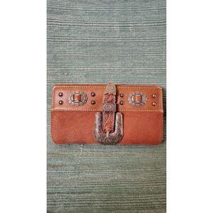 Montana West Western Brown Suede & Leather Wallet Ornate Silver Buckle & Conchos